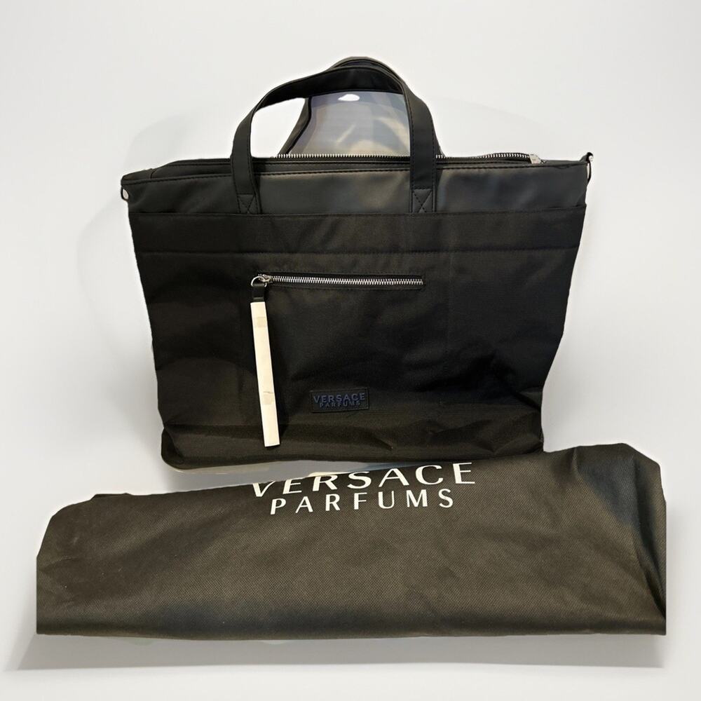 Versace Perfumes Large Tote Bag Over The Shoulder Black Nylon Leather Trim Logo